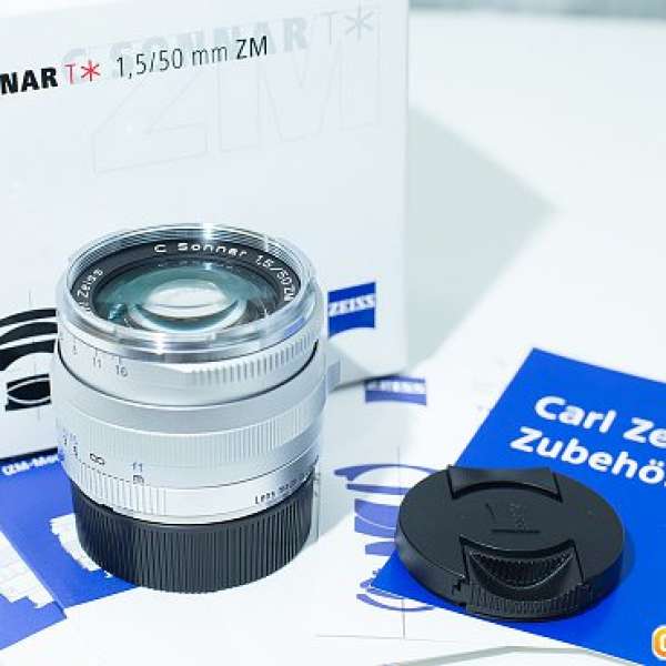 Carl Zeiss Sonnar T* 1.5/50 ZM 銀色（99%新），Lens Hood，Zeiss 46mm UV Filter