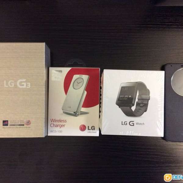 LG G3 (32GB, black) with quick circle case, wireless charger, G watch