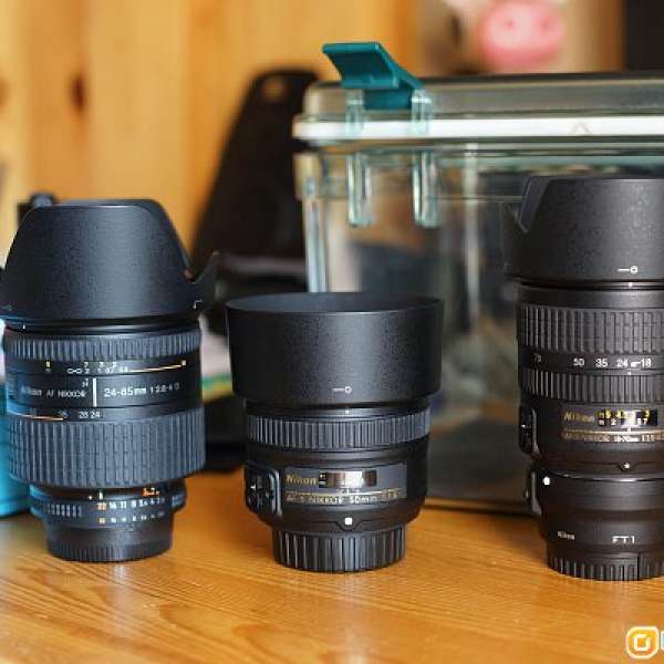 Nikon Lenses (AF 24-85D, AF-S 50 1.8G, AF-S 18-70DX, FT1)