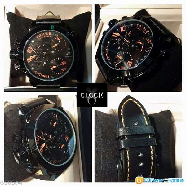 [全新] 韓國手錶 3重時間 橙黑大錶盤