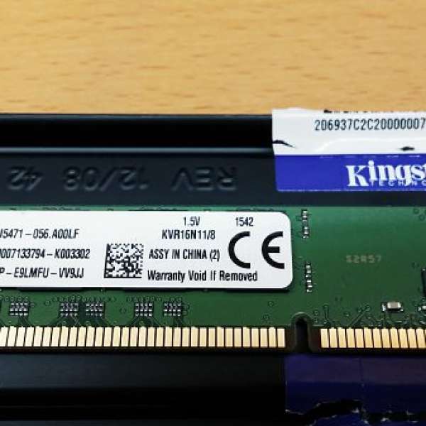 Kingston DDR3 8GB x1 1600 Desktop RAM, 永久保養‏
