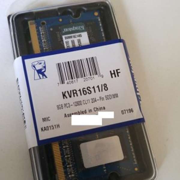 Kingston Notebook RAM DDR3 8GB  SODIMM, 聯強保