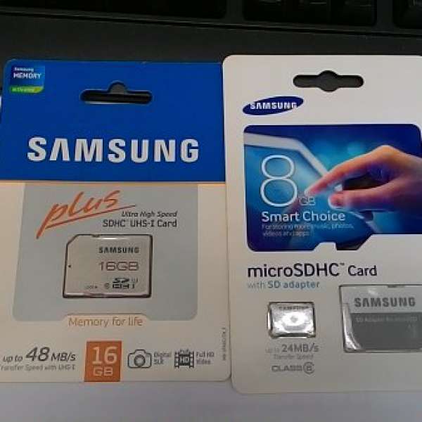 出售100%新Samsung 8GB MicroSDHC 24MBs w/adapter &  16GB SDHC Plus 48MBs