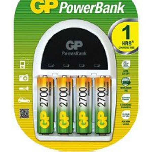 GP超霸 1小時 電池 充電寶 充電器 連AA 2500mAh充電池4粒