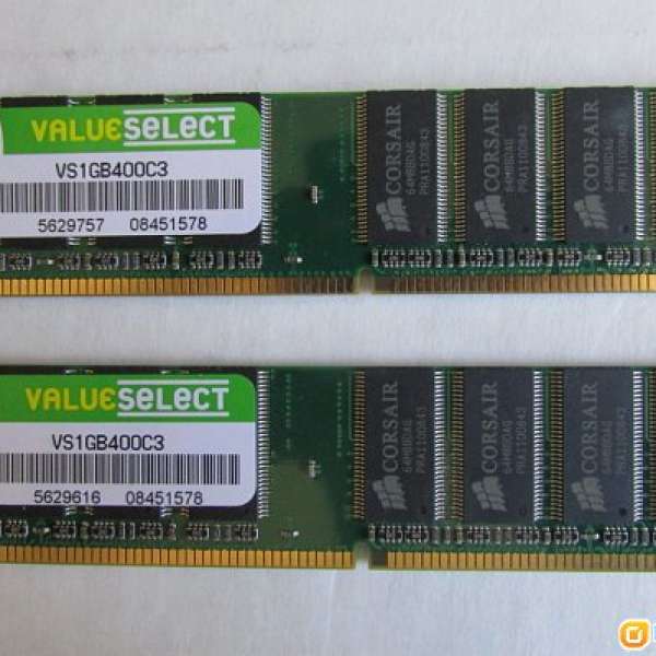 Corsair ValueSelect DDR1 DDR-400 1Gb 雙面 Desktop RAM x 2 = 2GB (2條$120)