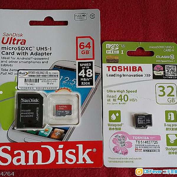 全新sandisk ultra micro sd 64gb + toshiba micro sd 32gb