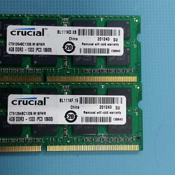 2 x 4GB DDR3 Crucial 1333Mhz Notebook Memory
