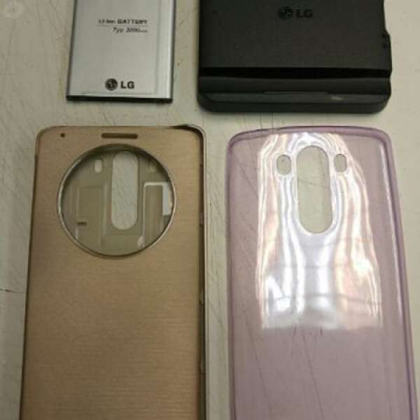 90% New LG G3 行貨原廠佩件 電池, 差電座, 金色Filp Cover 及紫色全包套