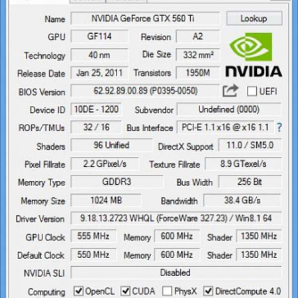 NVIDIA Geforce GTX 560 Ti Display Card