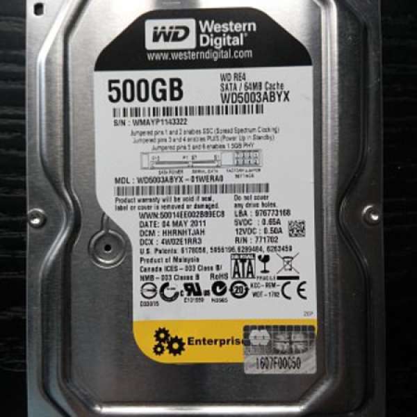 WD RE4 Black 系列 3.5" 企業級 500GB SATA3 硬碟機 (WD5003ABYX) 聯強保用至2016年7...