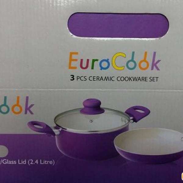 全新Euro Cook 陶瓷單柄煎鍋及雙耳湯煲連玻璃蓋