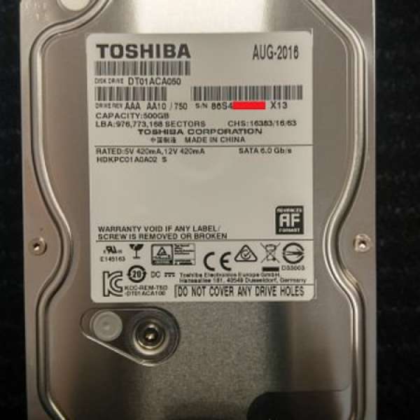 100%全新Toshiba 3.5吋 500GB SATA3 HD