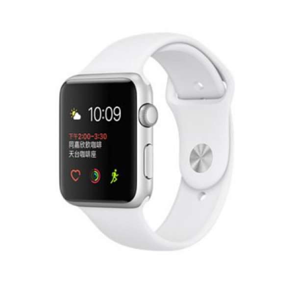 Apple Watch Series 2，42 毫米銀色鋁金屬錶殼配白色運動錶帶(全新)