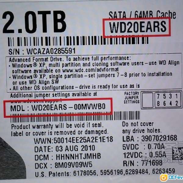 Western Digital 2TB HD model: WD20EARS-00MVWB0