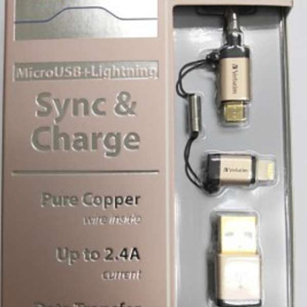 蘋果認證 Verbatim Metallic Sync & Charge 2合1 MicroUSB+Lightning連接線 全新 金色