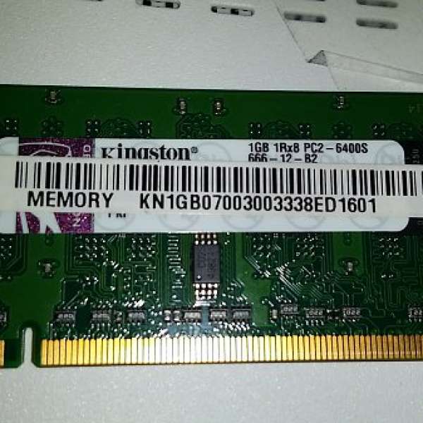 Kingston 1GB RAM DDR2 記憶體1rx8 pc2-6400s 666-12-b2 - 保用三天, 只在西鐵線柯...