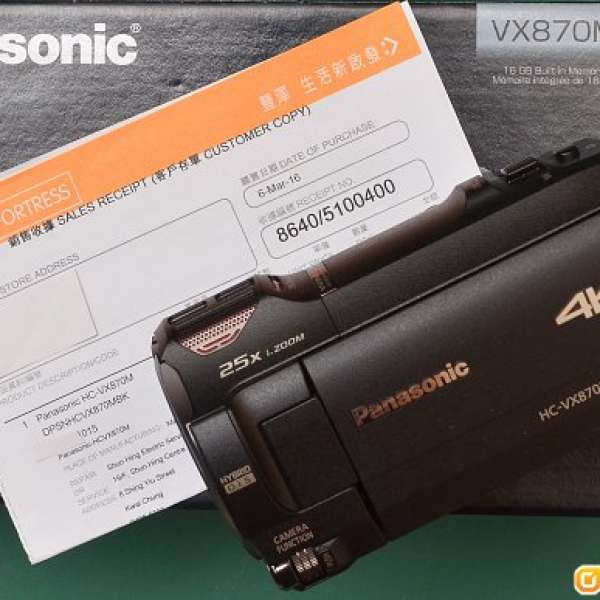 Panasonic HC-VX870M 4K Camcorder 數碼攝錄機 99.9% 全新  11-Mar-2016豐澤購買11...