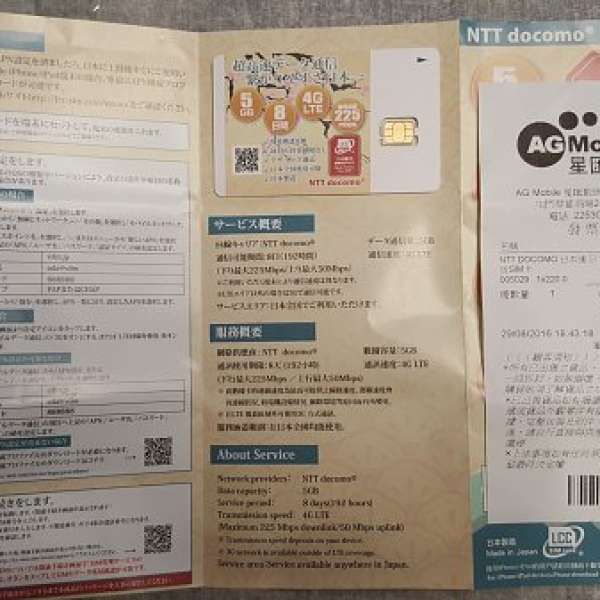 日本NTT Docomo LCC sim card  5GB  8天 無限速數據咭
