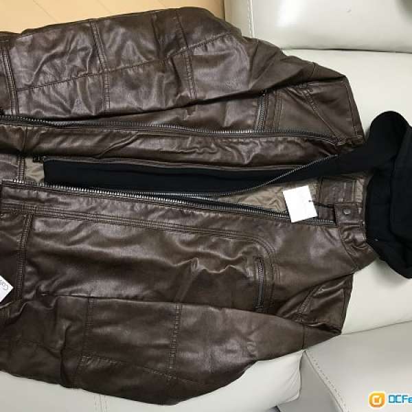 全新 CK Men's Faux-Leather Moto Jacket with Hoodie