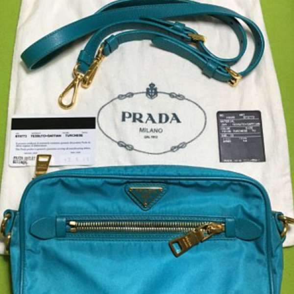 99%New!! Prada 正品經典三角Logo尼龍帆布斜背包 湖水藍綠