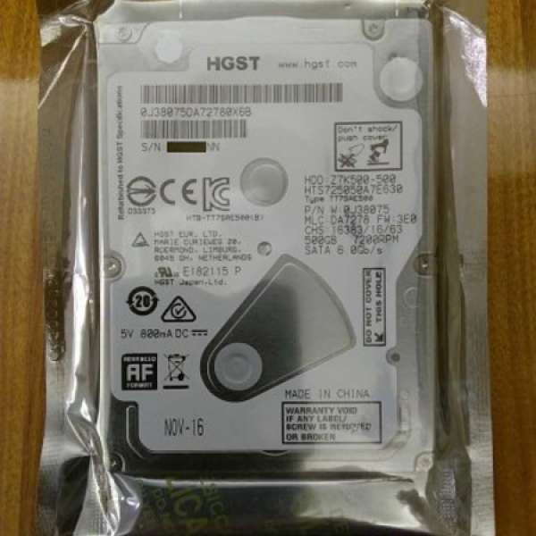 全新 HGST 500GB 2.5" 7mm HDD，SATA3 6Gb/s，7200RPM，32MB