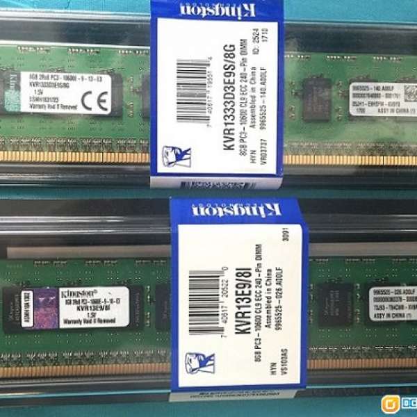 Gen8 Kingston 2x8GB ECC Unbuffered RAM 一條用過 & 一條全新