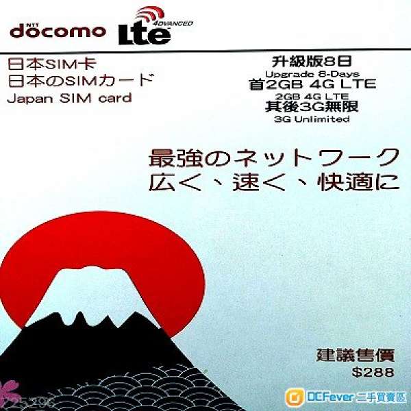 日本docomo 8天上網卡 4G 2GB + 無限數據卡