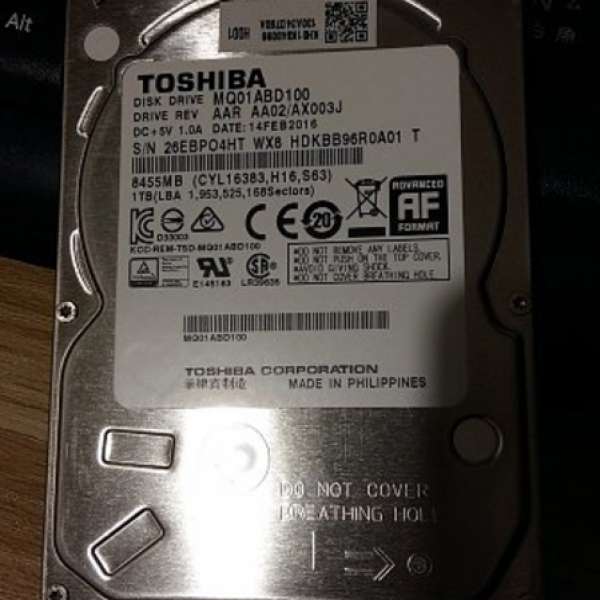 9成新 Toshiba 2.5吋 1TB 5400轉 Harddisk