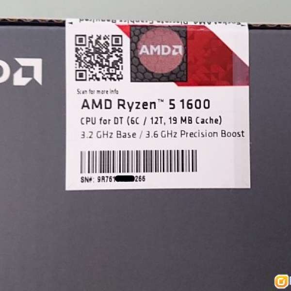 全新未開 AMD Ryzen 5 1600 CPU 行貨