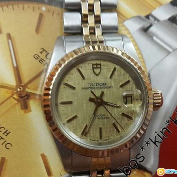 100%真品VINTAGE-TUDOR-93200-18K黃金圈金鋼自動日歷布紋面金鋼五珠帶女裝腕錶***狀...