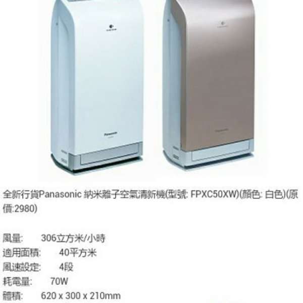 Panasonic 全自動納米離子空氣清新機  港行日版