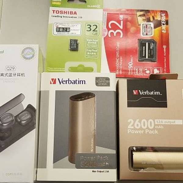 32GB micro SD 記憶卡2張, Verbatim 奶媽2個, QCY 藍芽耳機1個