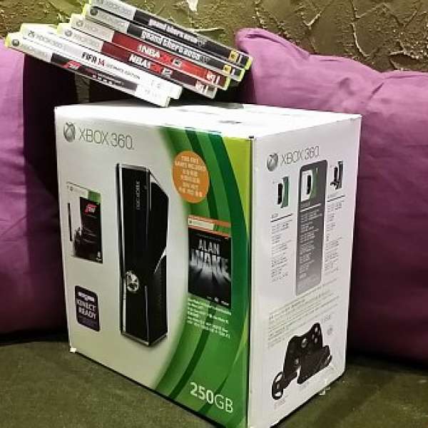 Xbox 360 slim 250gb + 2 remote + 6 game+內置6 game 交換Ps4/switch 多除少補