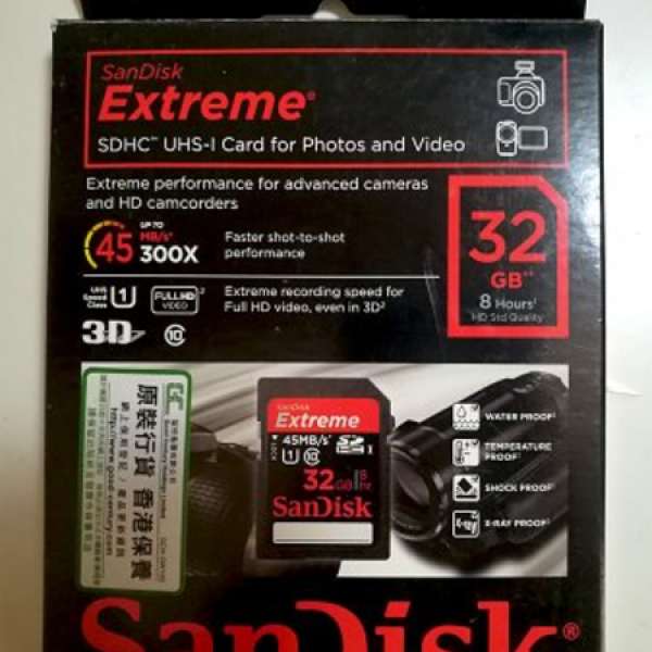 Sandisk extreme SDHC UHS-I write 45MB/s 32gb 有盒 not samsung smart idtv