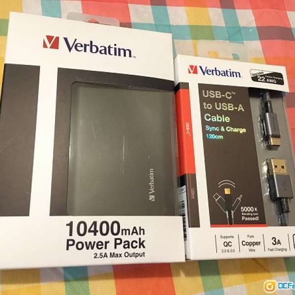 全新 Verbatim 120cm USB-C & 10400mah Power Pack充電寶 (黑色)