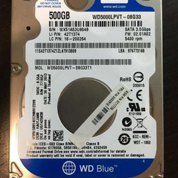 WD 2.5" HDD 500G 99.99% new 公司買手提電腦拆出