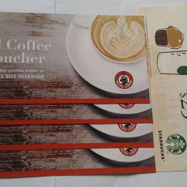 pacific coffee 卷x4張  starbucks coffee 卷1張共5張