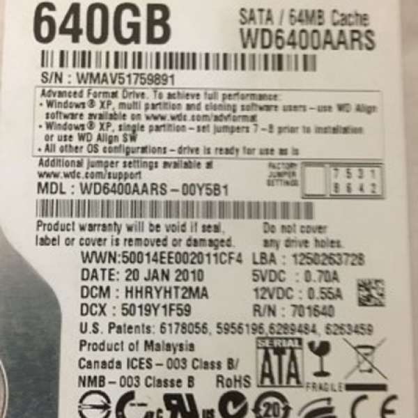 二手 WD Western Digital WD6400AARS 3.5" 640GB SATA HDD 環保價HK$90.00