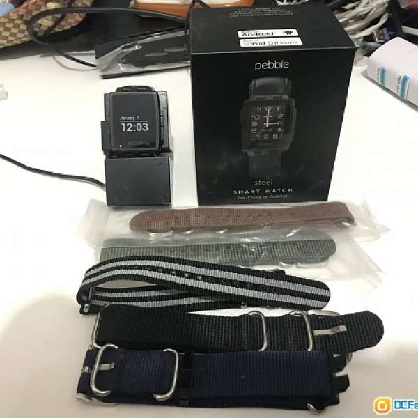 Pebble Steel Matte Black with Leather Watch Band 智能手錶