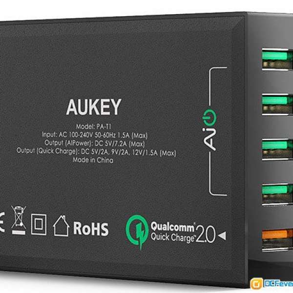 接近全新 Aukey 高通QC2.0快速充电器 5 x USB