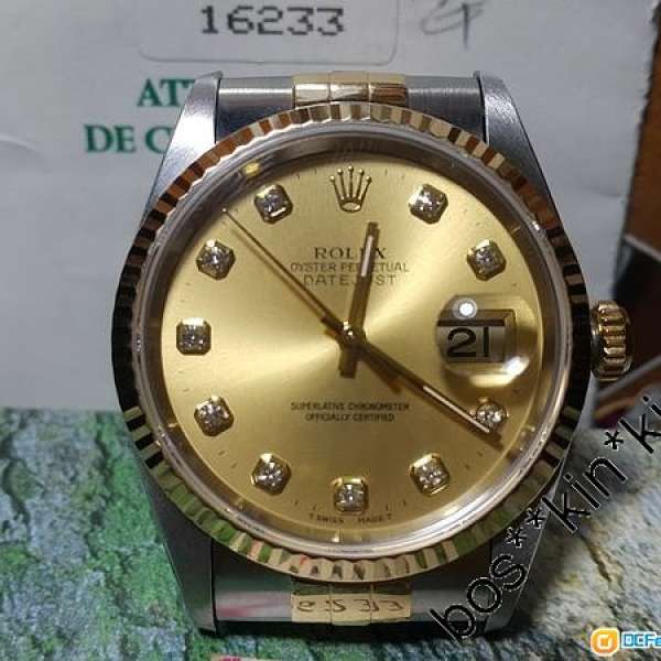 100%真品ROLEX-16233-G靚閃爍香檳金面大鑽石字18K金鋼全自動日歷超新勁靚FULL-SET**...