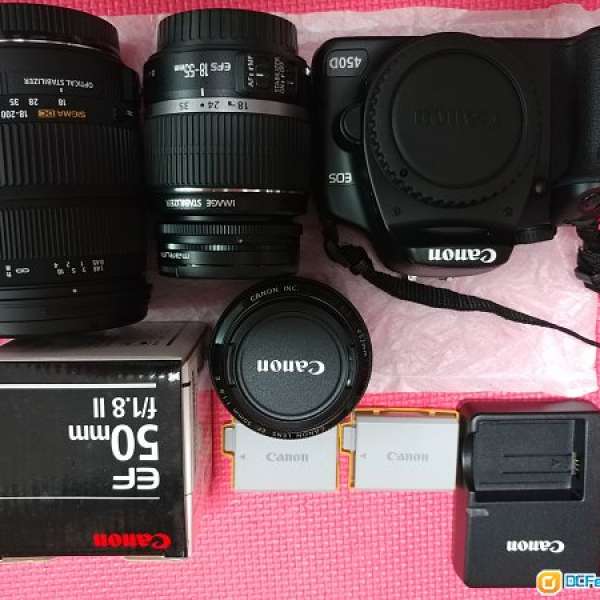 出售Canon 450D-18-55Kit set連50-1.8及Sigma18-200天涯鏡再加两电