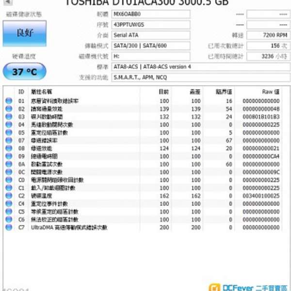 Toshiba 3TB DT01ACA300 156次通電 3236小時