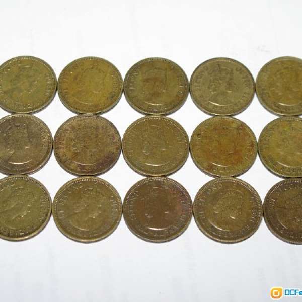 香港1963, 1965, 1967年5仙硬幣各5枚 (共15枚)