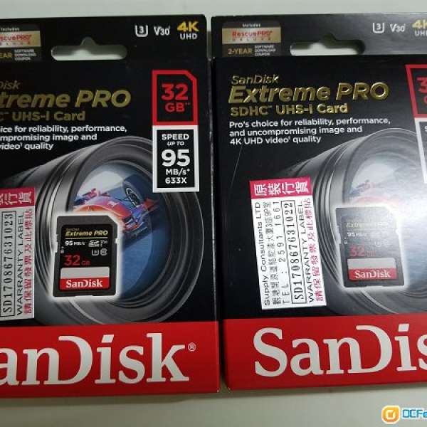 全新SanDisk Extreme Pro SD Card 32GB SDHC UHS-I 95/MB/s 一張