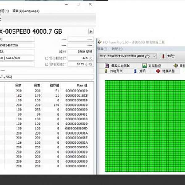 WD 4TB WD40EZRX-00SPEB0 125次通電 1025小時