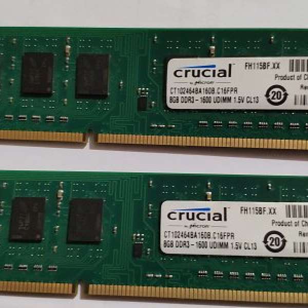 Crucial DDR3 1600MHz 8GB X 2條 =16GB 卓面電腦