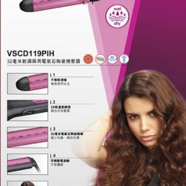 Vidal Sassoon VSCD119PIH Hair Styler 32毫米電氣石陶瓷捲髮棒
