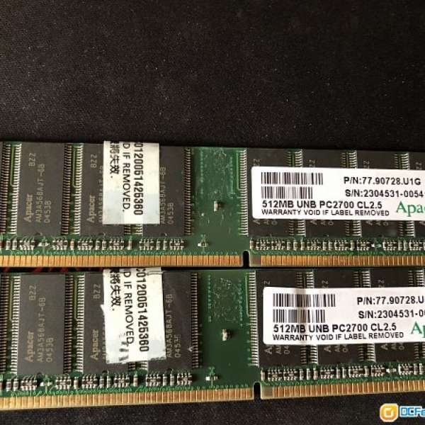Apcer DDR 512MB RAM兩條 (512MB UNB PC2700 CL2.5)