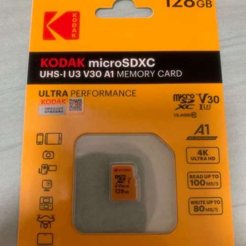 全新未拆 Kodak 128 UHS-1 U3 V30 microSDXC (讀取速度高達100MB/S, 寫入速度高達8...